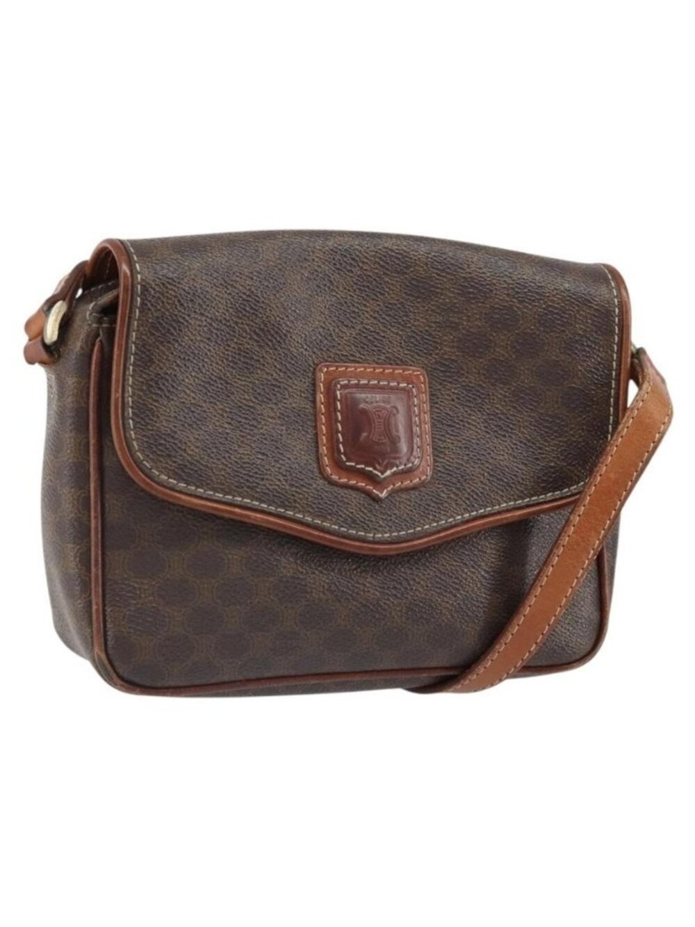 Authentic CELINE Macadam Canvas Shoulder Bag PVC Leather Brown Gold